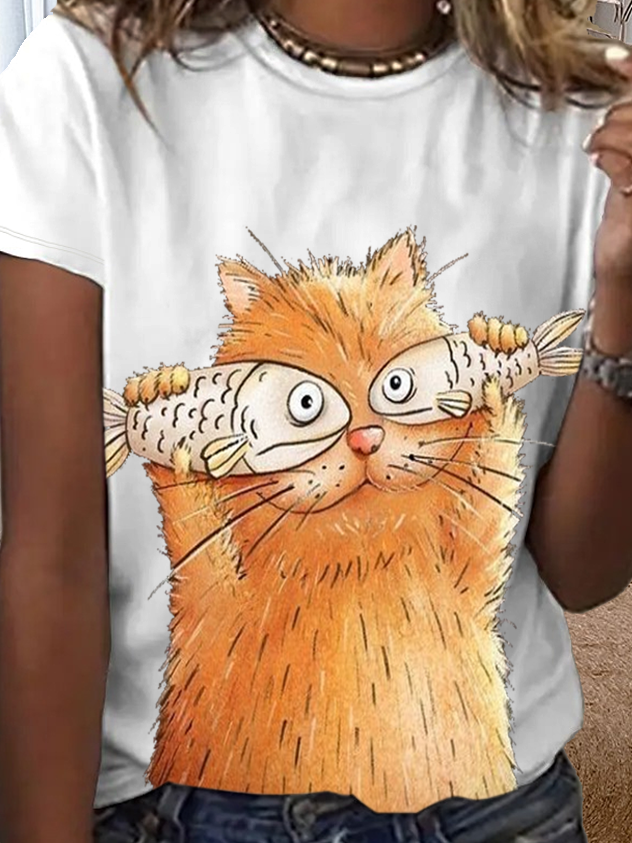 Cat Simple Crew Neck Loose T-Shirt