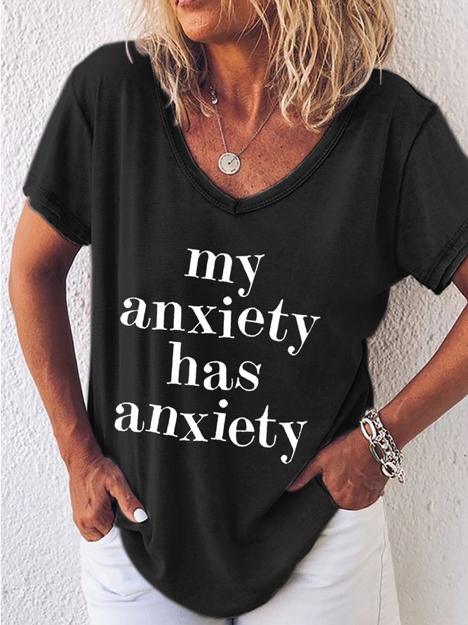 Women's Funny Graphic Anxiety V Neck Casual T-Shirt