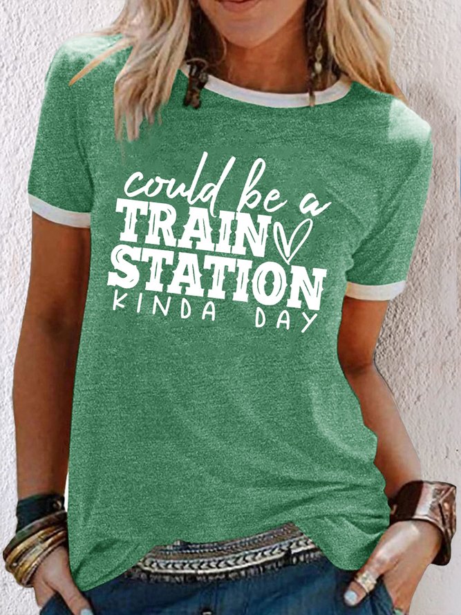 Women's Funny Graphic Train Station Letters Casual T-Shirt