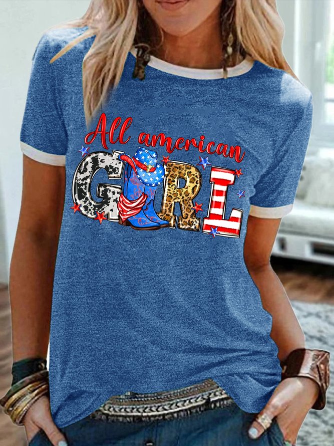 Women's Funny All American Gril Graphic Printing 4th Of July Crew Neck Independence Day Casual Cotton-Blend T-Shirt