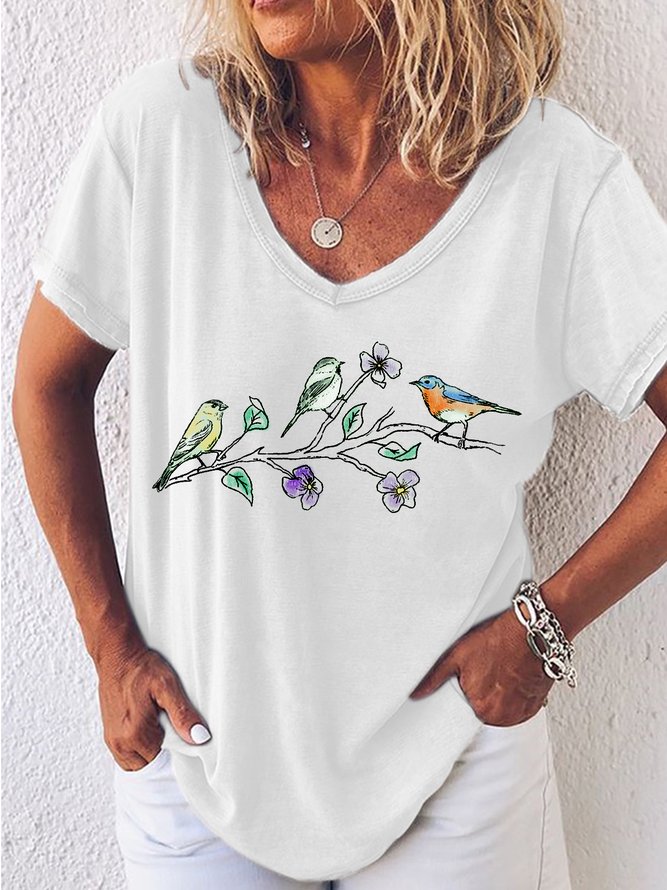 Women's Three Birds Print Casual V Neck T-Shirt
