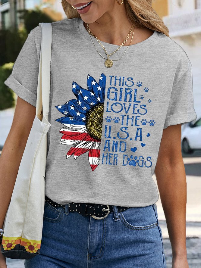 Women's Cotton Dog Lover Patriotic Casual Crew Neck T-Shirt