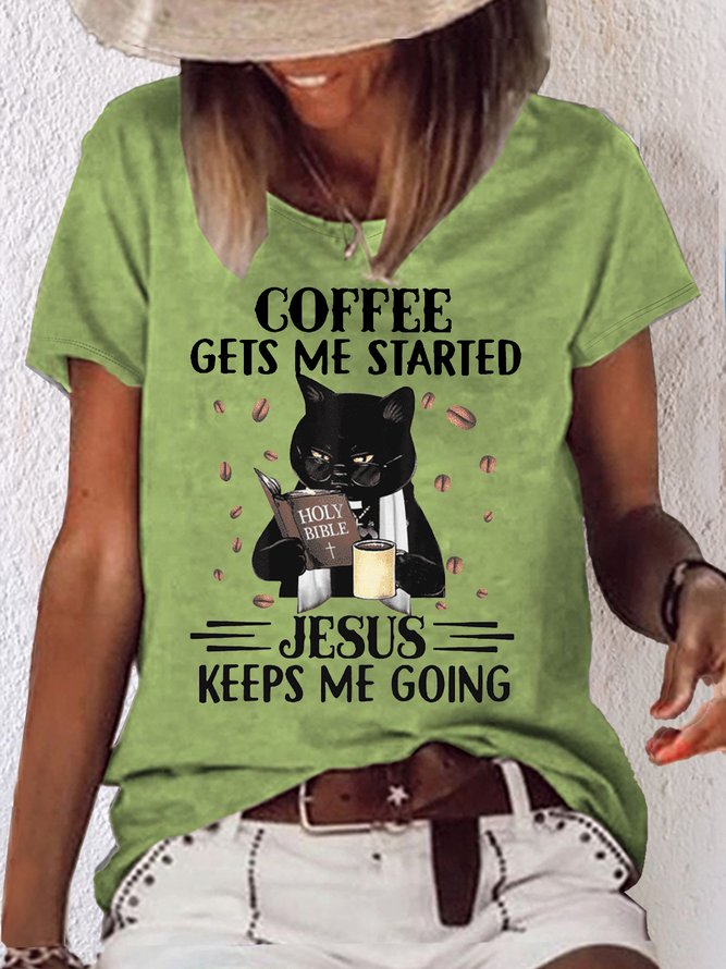 Women's Coffee Get Me Start Jesus keep Me Going Casual Letters T-Shirt