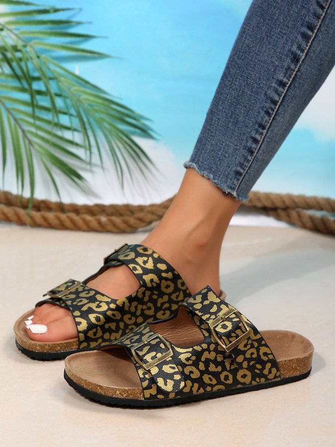 Womens Leopard Flat Sandals with Cork Footbed Open Toe Slides Adjustable Slip On Slippers for Summer
