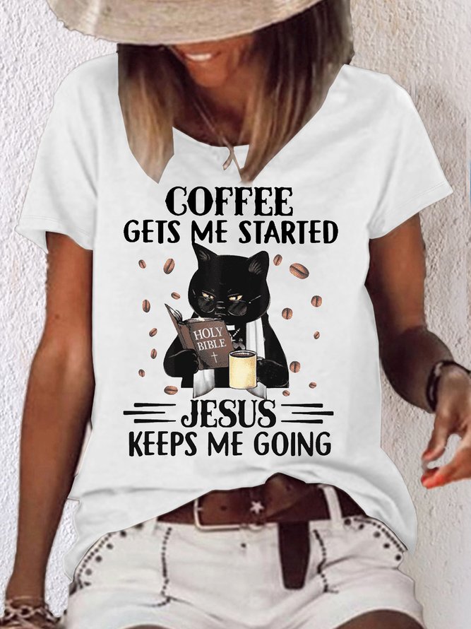 Women's Coffee Get Me Start Jesus keep Me Going Casual Letters T-Shirt