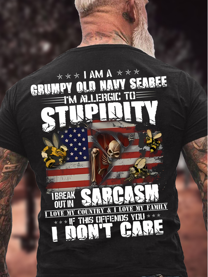 Men's Funny I Am A Grumpy Old Navy Seabee I Am Allergic To Stupidity I Break Out In Sarcasm Graphic Printing 4th Of July Cotton Crew Neck Casual America Flag T-Shirt