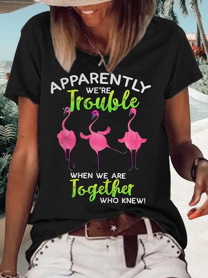 Women's Funny Flamingo Apparently Trouble When We Are Together Who Knew Graphic Printing Crew Neck Cotton-Blend Text Letters Casual T-Shirt