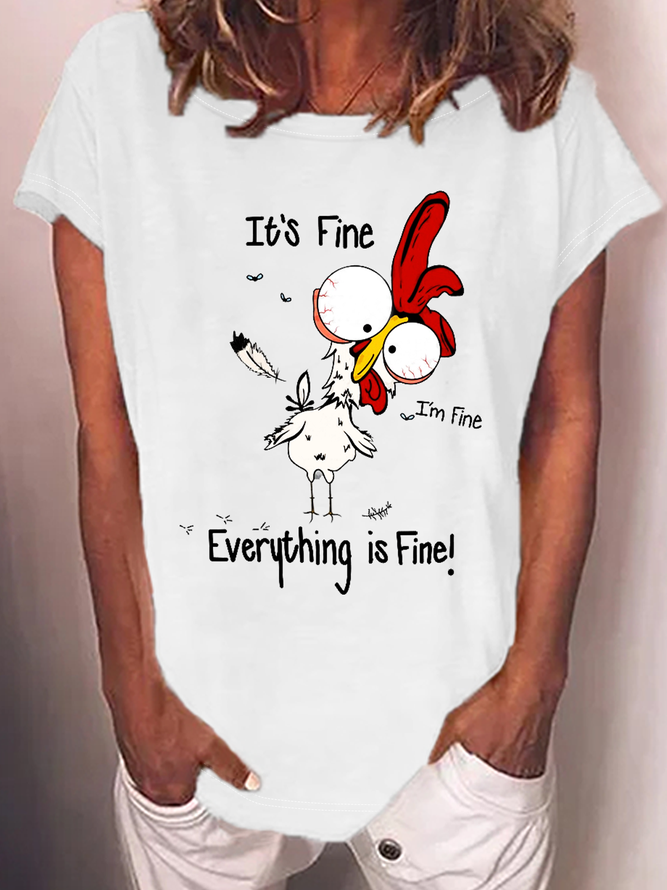 Women's Funny Chicken It’s Fine I‘m Fine Everything Is Fine Animal Casual Crew Neck T-Shirt