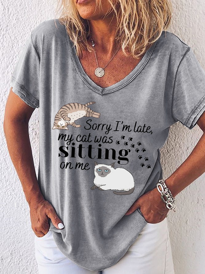 Women‘s Funny Word Sorry I'm Late My Cat Was Sitting On Me Loose T-Shirt
