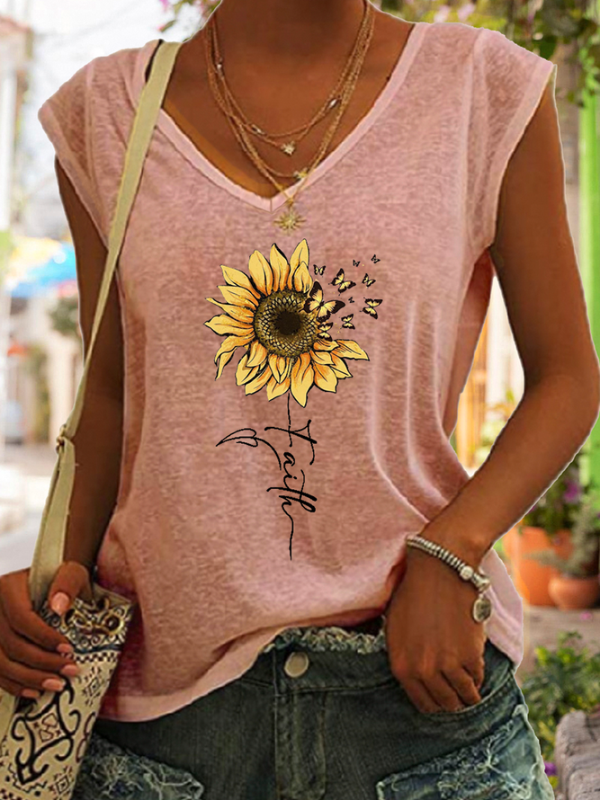 Women's Sunflower Faith Cotton-Blend V Neck Simple Tank Top