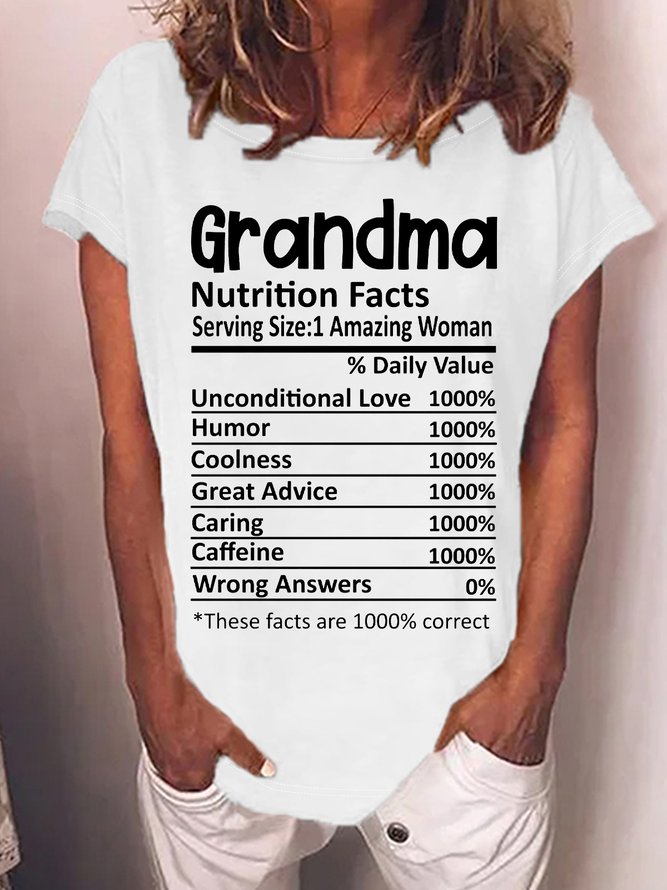 Women's Funny Grandma Nutrition Facts Serving Size 1 Amazing Woman Graphic Printing Casual Text Letters Cotton-Blend T-Shirt