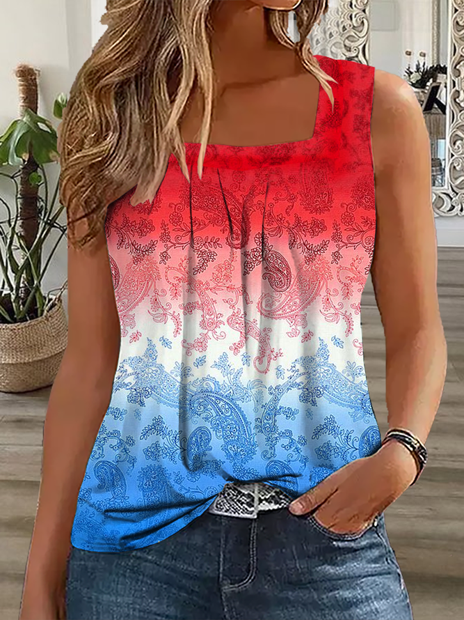 Women's Square Neck America Flag Casual Cotton-Blend Tank Top