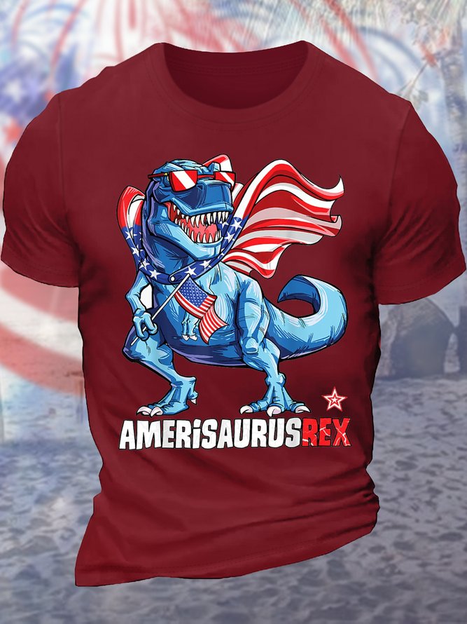 Men's Funny Dinosaur Graphic Printing 4th Of July Loose Casual America Flag Independence Day Crew Neck T-Shirt
