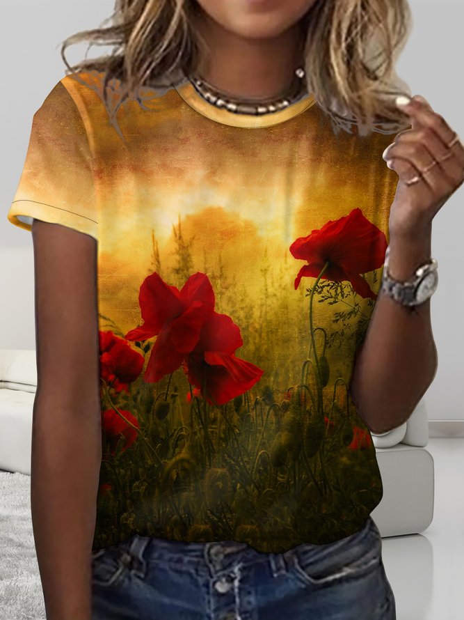 Women's Casual Crew Neck Red Floral T-Shirt