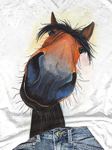 Women's Funny Horse Print  Cotton-Blend Casual T-Shirt