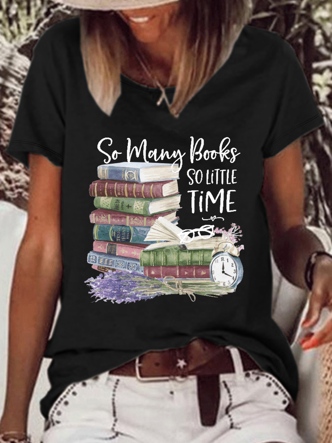 Women's So Many Books SO Little Time Cotton-Blend Cat Casual T-Shirt