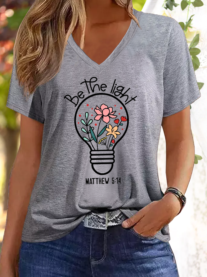 Women's Be The Light Christian Flowers V Neck Casual Cotton-Blend T-Shirt
