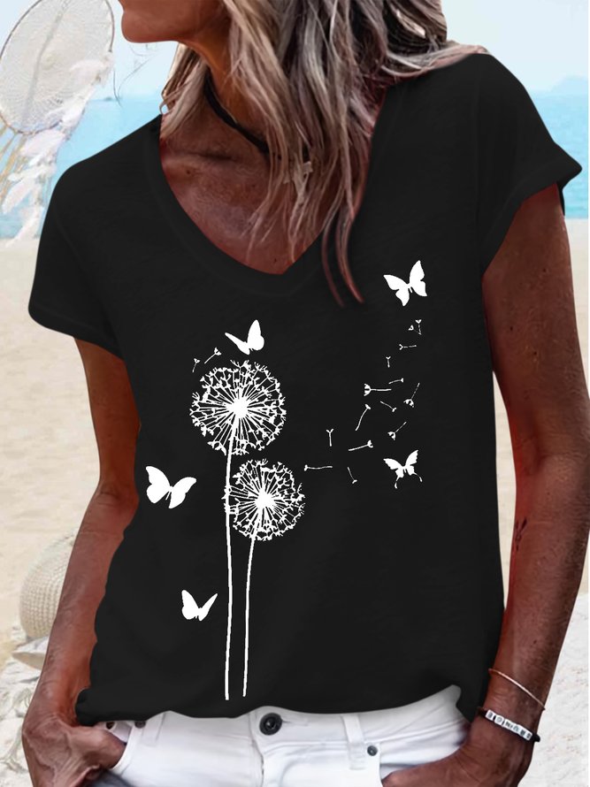 Women's Butterfly Dandelion Casual Cotton-Blend T-Shirt