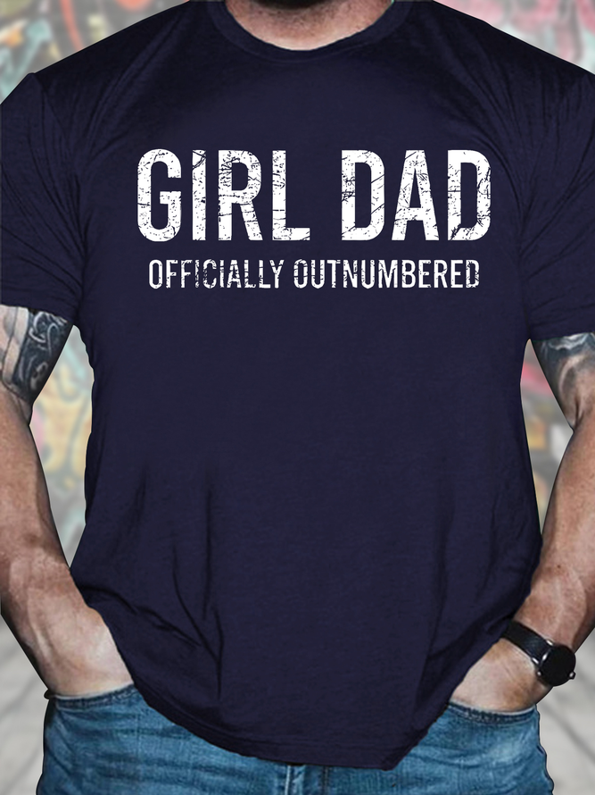 Men's Funny Girl Dad Officially Outnumbered Graphic Printing Text Letters Crew Neck Loose Casual T-Shirt