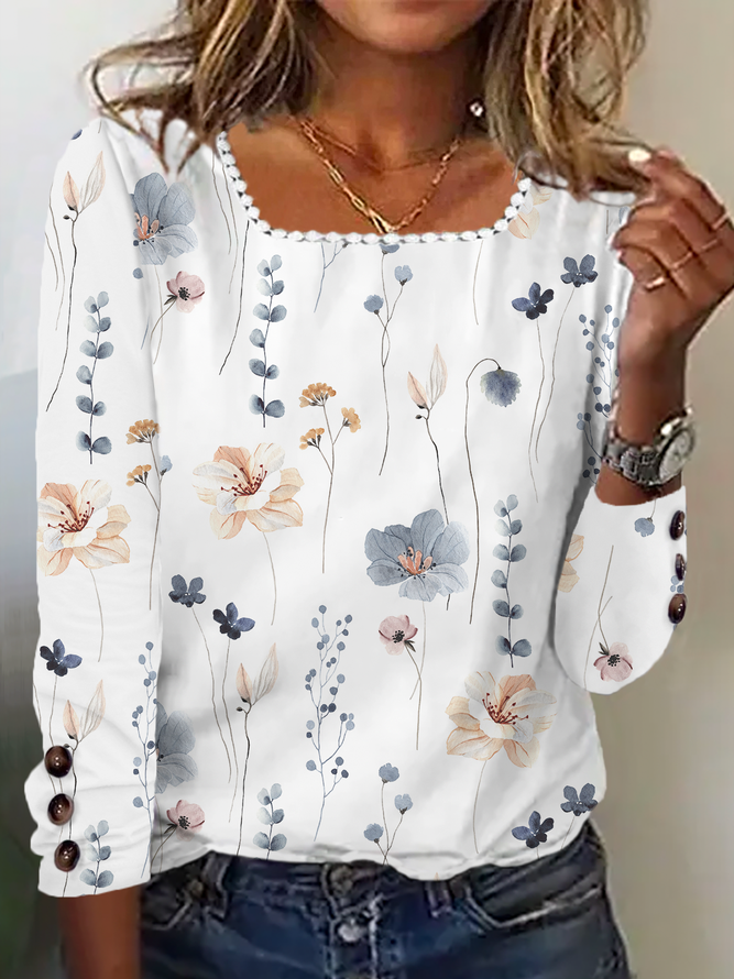 Casual Floral Square Neck Buttoned Shirt