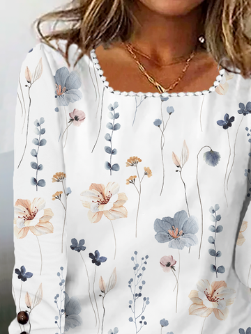 Casual Floral Square Neck Buttoned Shirt