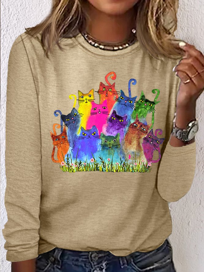 Women's Cat Watercolor Print Casual Crew Neck Shirt