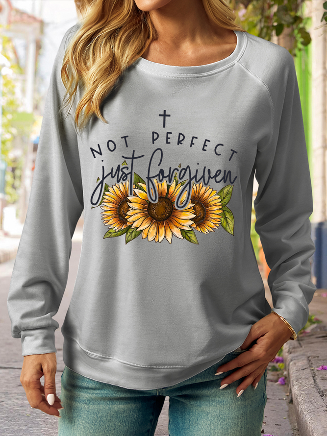 Women's Forgiven Sunflower Regular Fit Text Letters Casual Sweatshirt