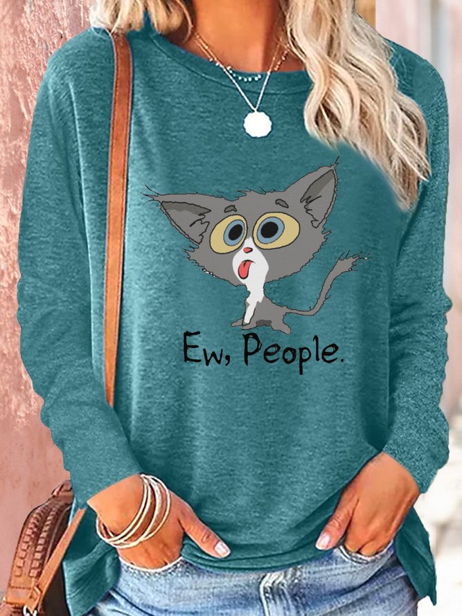 Women's Ew People Funny Cat Casual Crew Neck Letters Shirt