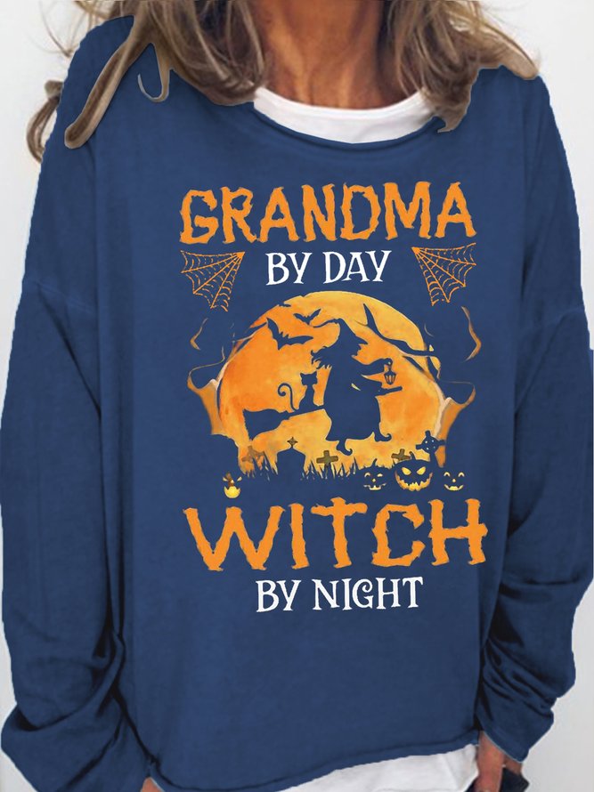 Women's Grandma my day Witch by night Halloween Letters Casual Crew Neck Sweatshirt