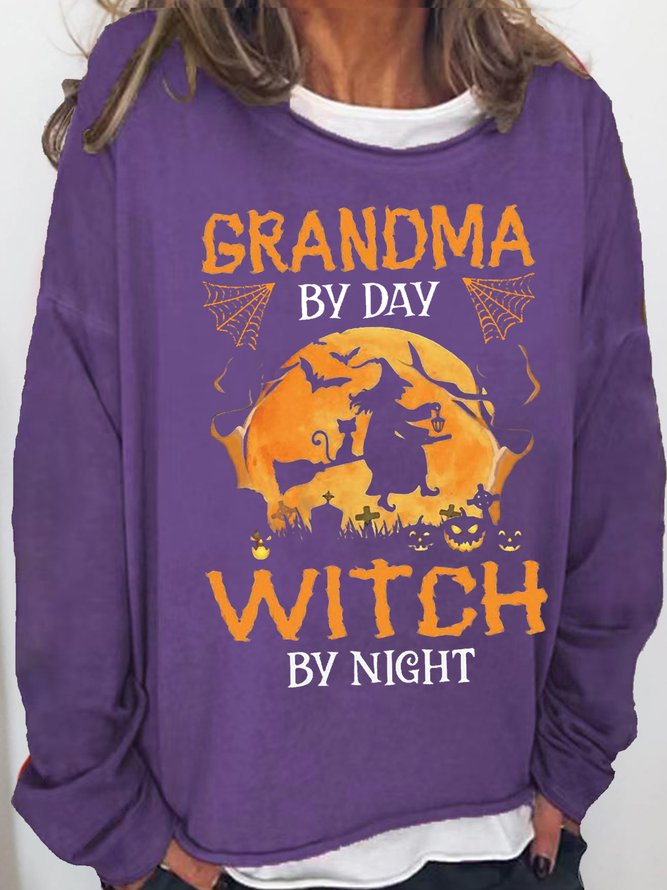Women's Grandma my day Witch by night Halloween Letters Casual Crew Neck Sweatshirt