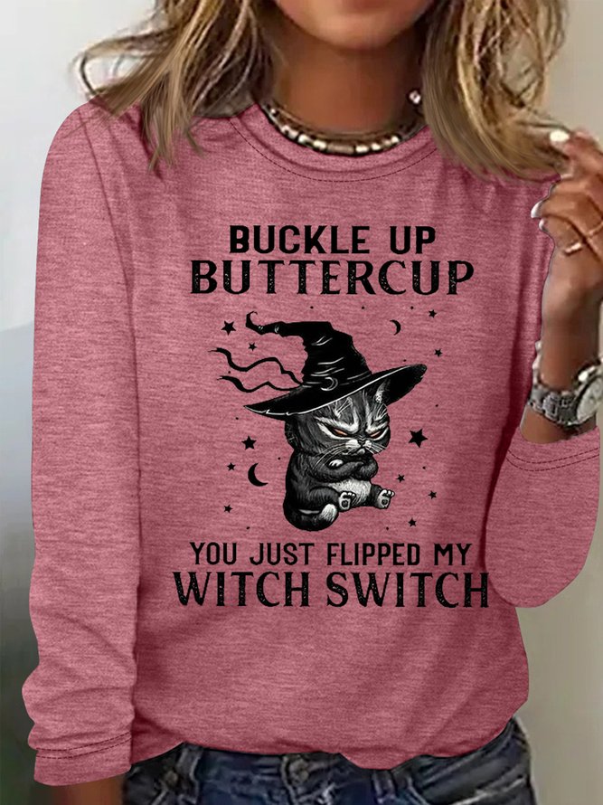 Women's Halloween Buckle Up Buttercup Casual Crew Neck Text Letters Shirt