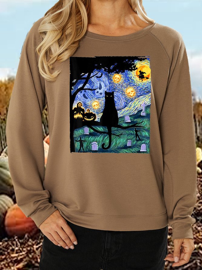 Women's Scary Night Cat Van Gogh Halloween Print Casual Letters Crew Neck Sweatshirt