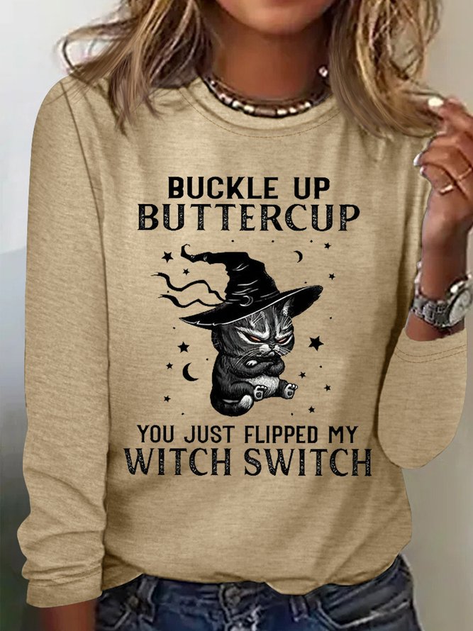 Women's Halloween Buckle Up Buttercup Casual Crew Neck Text Letters Shirt