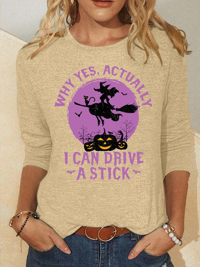 Women's Why Yes Actually I Can Drive A Stick Halloween Crew Neck Casual Shirt