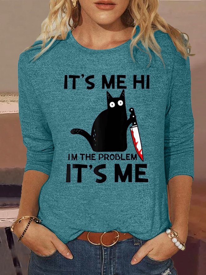 Women's Funny It's Me Letter Cat Print Crew Neck Casual Shirt