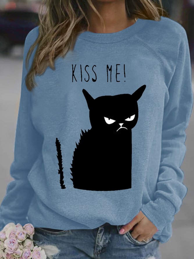Women's Cute Kiss Me Letter Cat Print Letters Sweatshirt