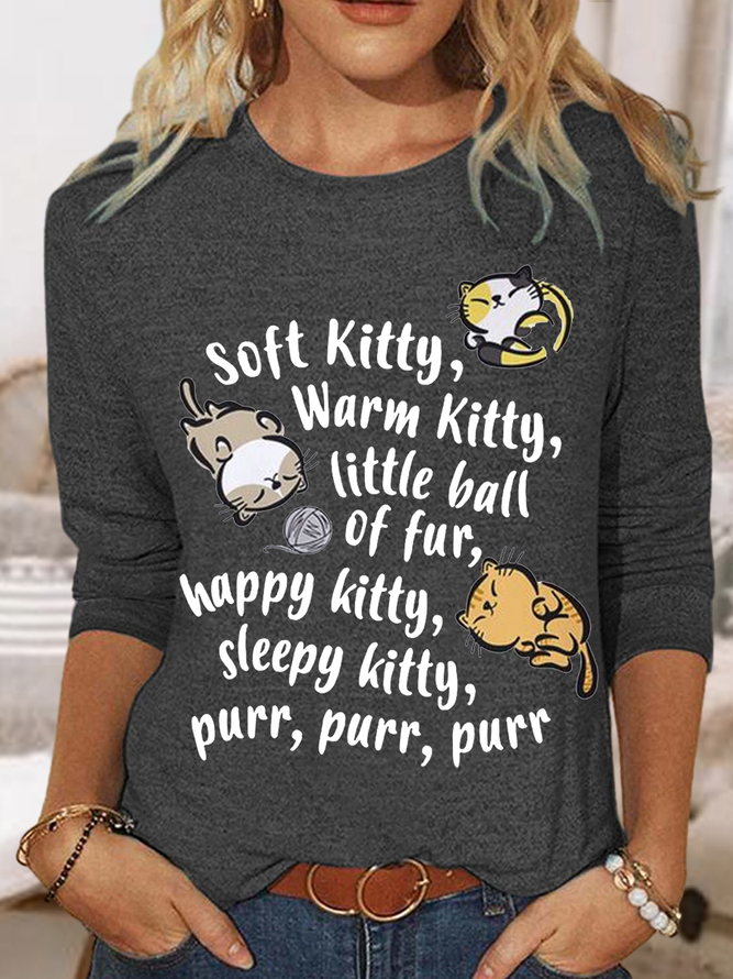 Womne's Soft Kitty Warm Kitty Cat Text Letters Casual Long Sleeve Shirt