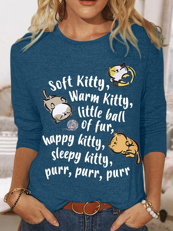 Womne's Soft Kitty Warm Kitty Cat Text Letters Casual Long Sleeve Shirt