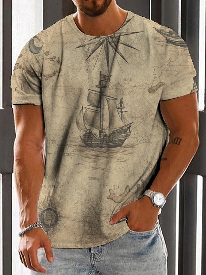Anchor Printing Crew Neck Pullover Casual Vacation Short Sleeve T-Shirt