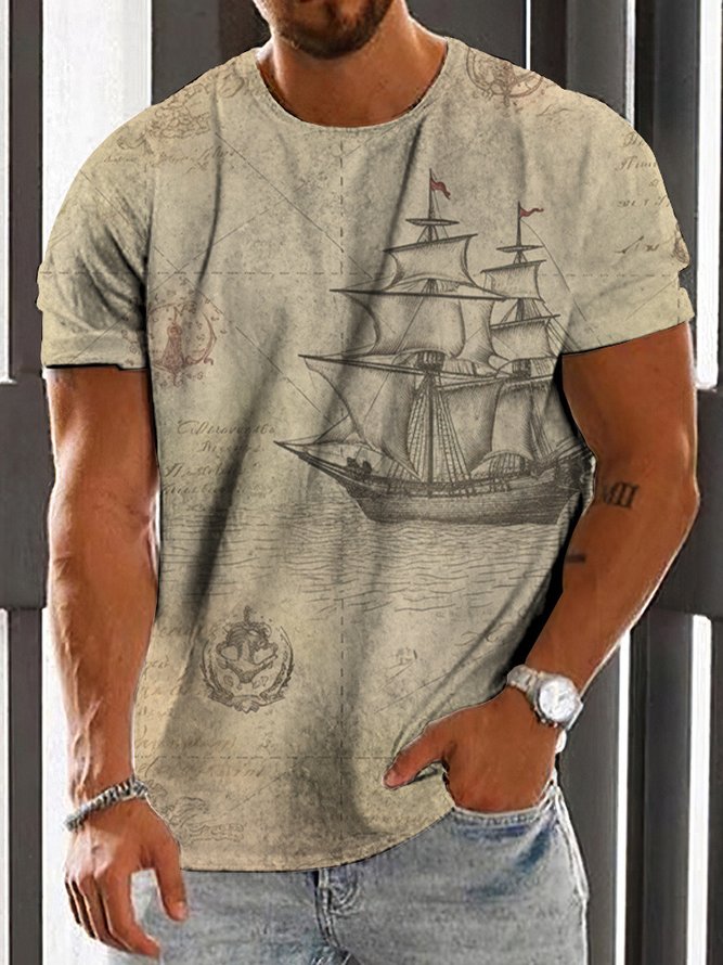 Anchor Printing Crew Neck Pullover Casual Vacation Short Sleeve T-Shirt