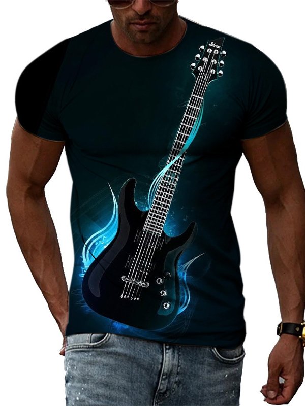 Men's Casual Guitar Pattern Round Neck High Elastic Short Sleeve T-Shirt Outdoor