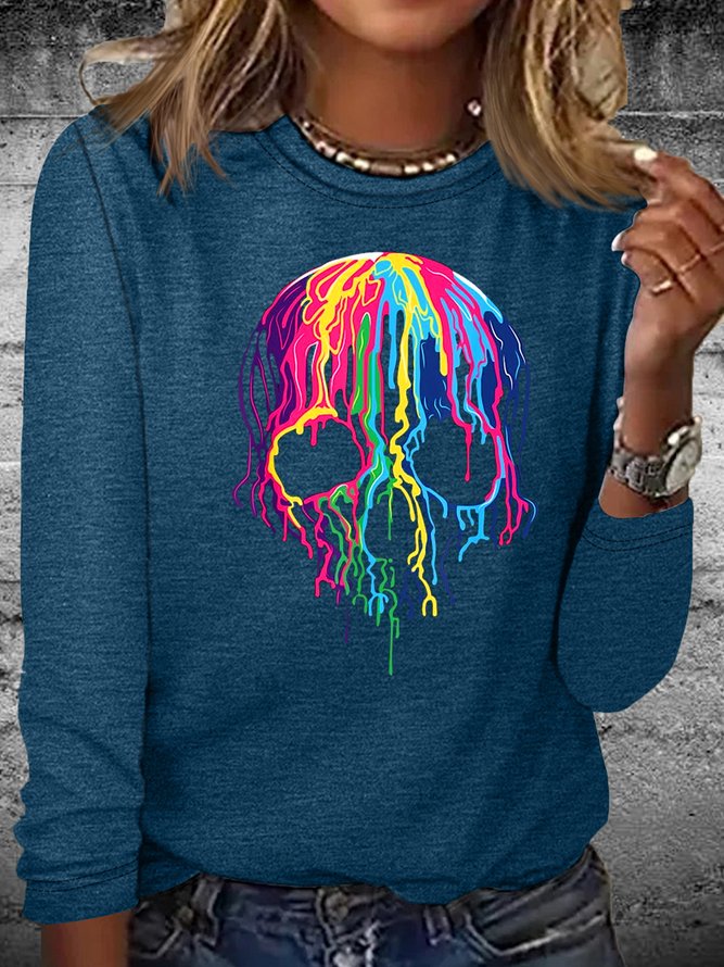 Women's Colorful Melting Skull Art Graphic Halloween Letters Crew Neck Shirt