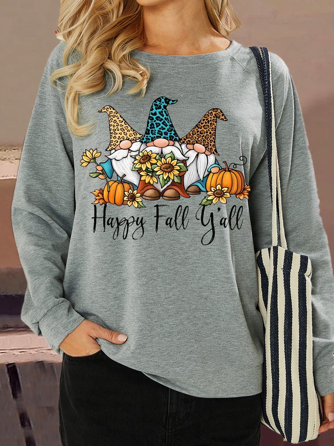 Women's Gnomie flower pumpkin Happy fall y’all Letters Casual Crew Neck Regular Fit Sweatshirt