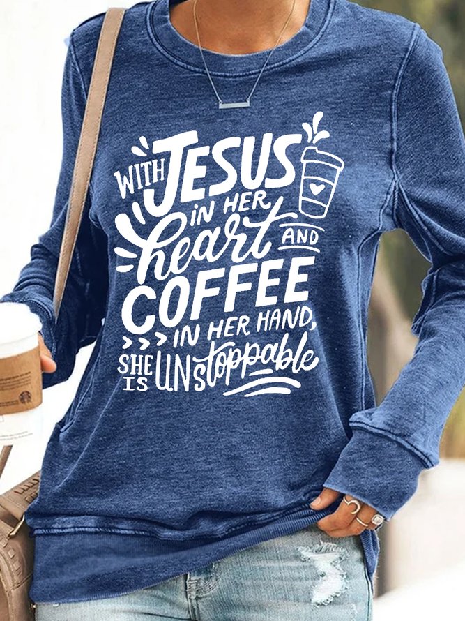 Women's Jesus And Coffee Casual Cotton-Blend Sweatshirt