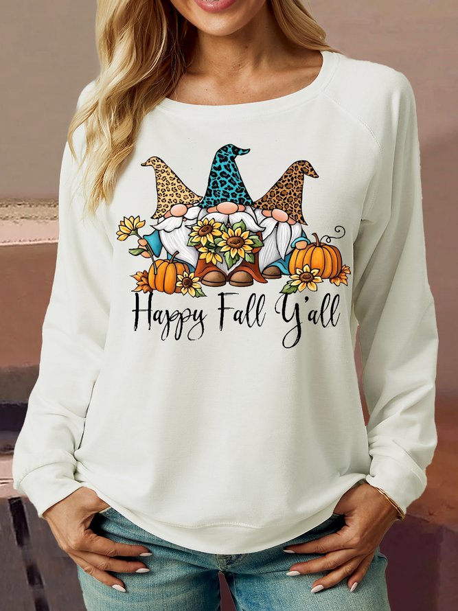 Women's Gnomie flower pumpkin Happy fall y’all Letters Casual Crew Neck Regular Fit Sweatshirt