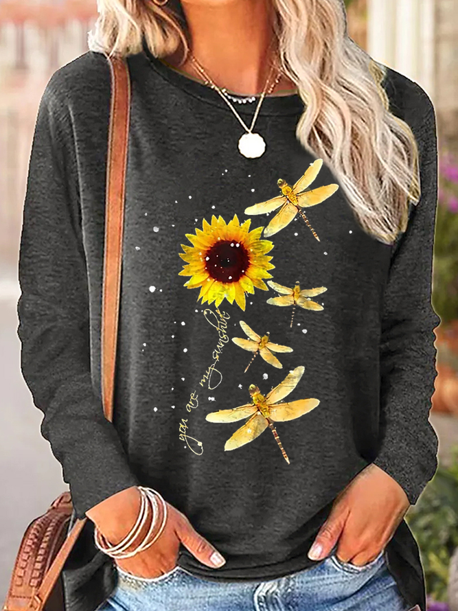Women's You're My Sunshine Dragonfly Printed Regular Fit Cotton-Blend Casual Crew Neck Shirt