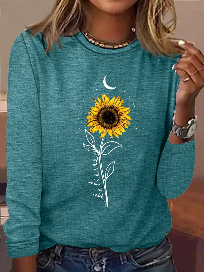 Women's Sunflower Moon Print Crew Neck Text Letters Shirt