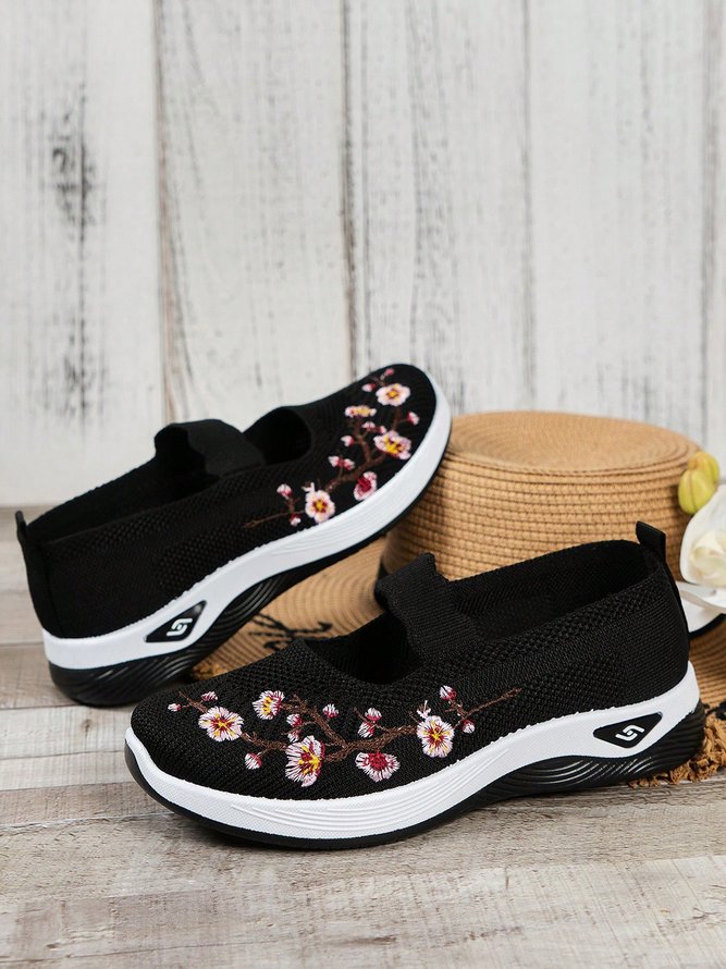Floral Embroidery Breathable Slip On Mary Jane Flyknit Sneakers