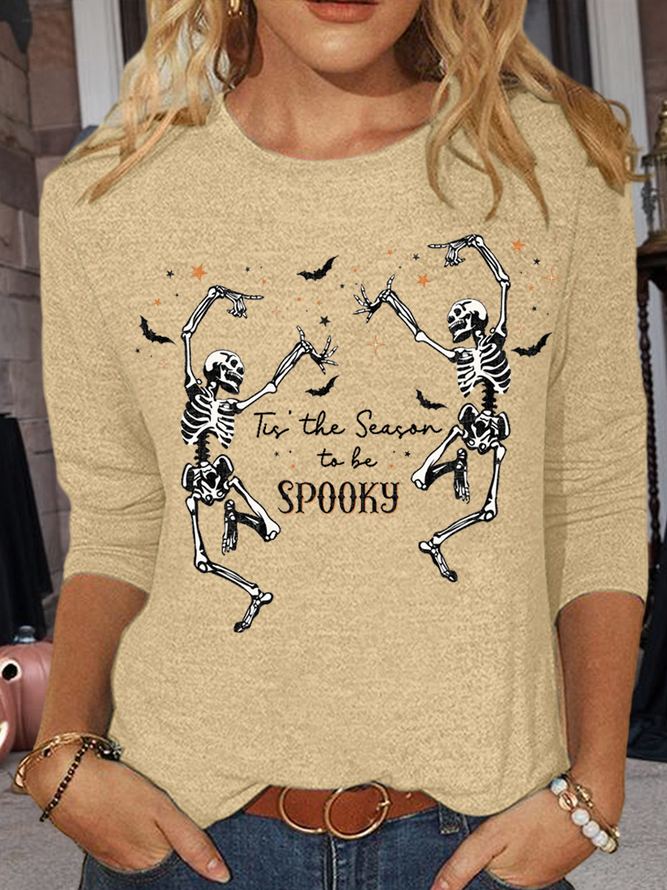Women's Halloween 2023 Skull This Is The Season To Be Spooky Casual Cotton-Blend Long Sleeve Shirt
