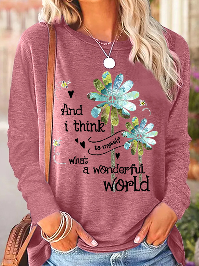 Women's And I Think To Myself What A Wonderful World Daisy Crew Neck Cat Regular Fit Casual Shirt